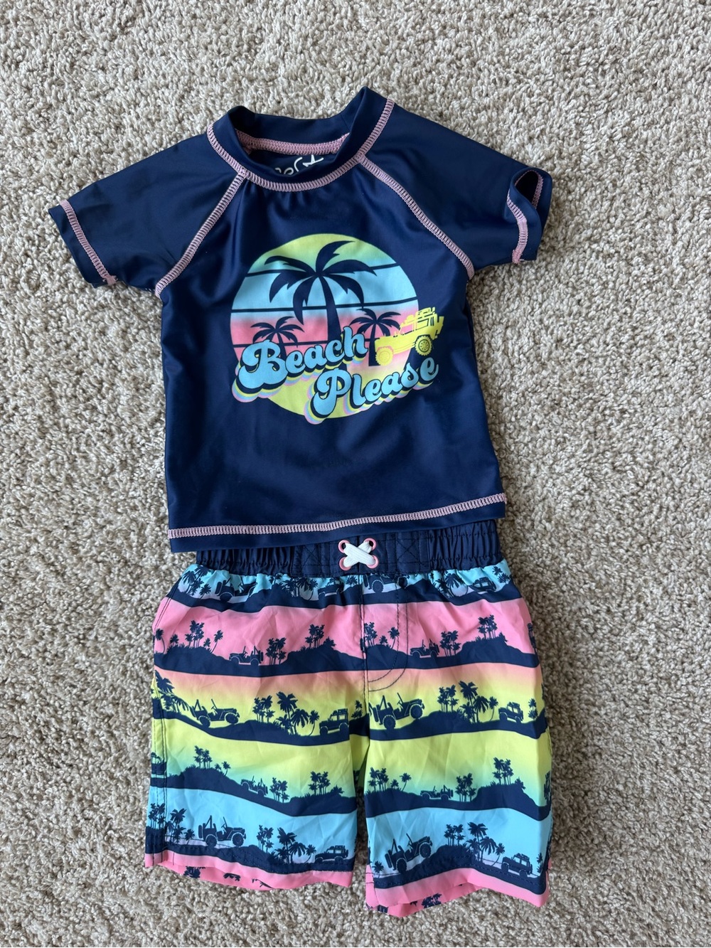 Kids Navy 'Beach Please' Rash Guard Swim Set with Rainbow Striped Shorts
